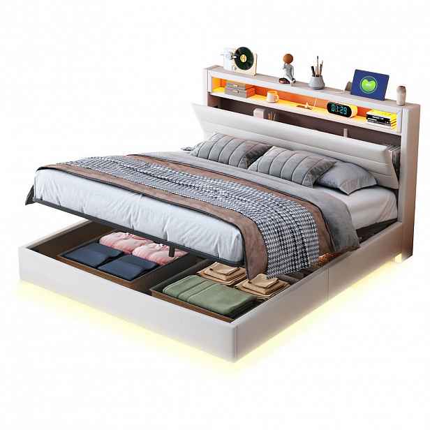 WISHDOR ČALOUNĚNÁ POSTEL 140x200 cm béžová s lněným vzhledem, úložným prostorem, LED osvětlením a USB portem