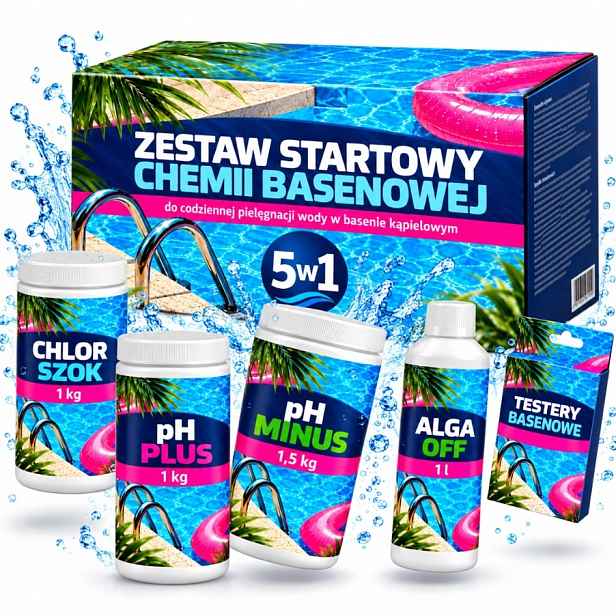 Komplet Bazénové Chemie 5V1 Alga Off Ph Minus Tester Chlor Šok Ph Plus