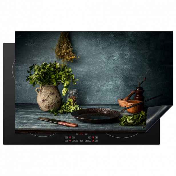 MuchoWow KRYT NA INDUKČNÍ DESKU Bylinky - Koření - Pánev - Nůž - Šedý - Rustikální 80x52.2 cm