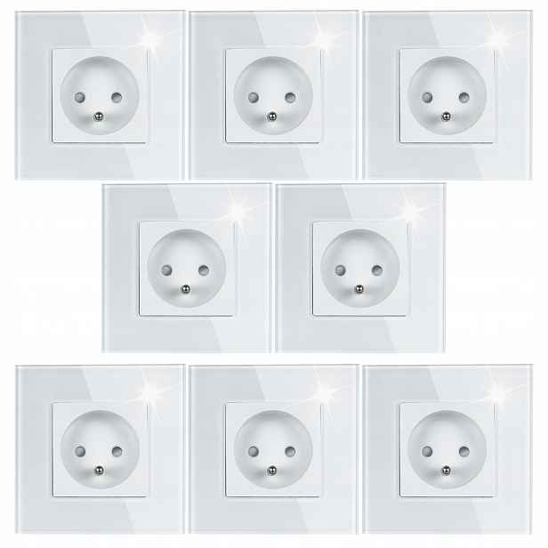 8 x Bílá Elektrická Zásuvka Jednotlivý Skleněný Panel Kolík Uzemnění