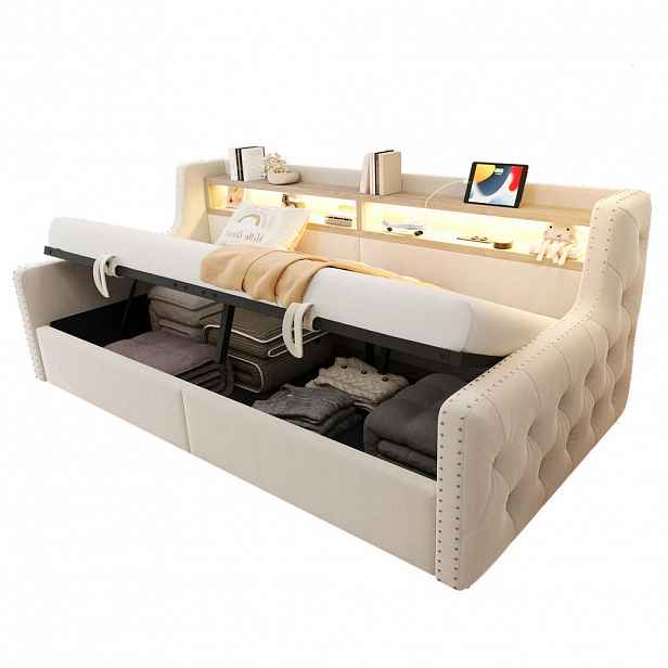 Modenvie ČALOUNĚNÁ postel 90/200 cm ze sametu béžová, s LED, úložným prostorem a roštem