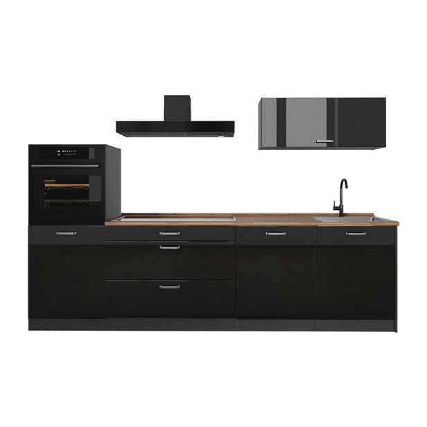 Vicco KUCHYŇSKÝ KOUT R-Line, Černý vysoký lesk/Antracit, 280 cm pracovná doska Dub Goldkraft