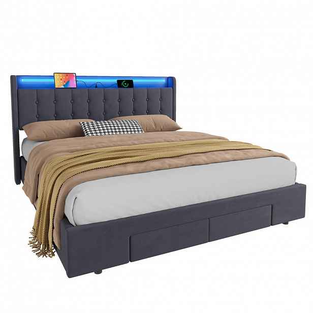 WISHDOR ČALOUNĚNÁ POSTEL 180/200 cm v šedé barvě, s matrací, úložným prostorem, USB, LED a zásuvkami
