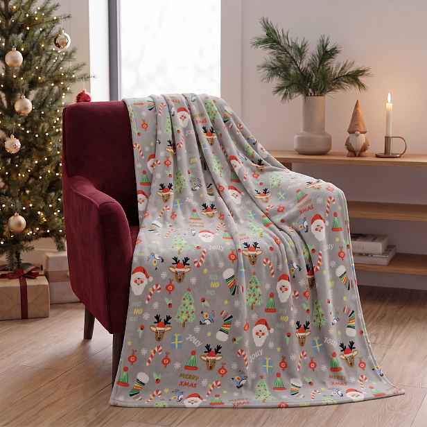 Dětská vánoční deka z mikrovlákna FESTIVE PETS šedá I. 130x170 cm