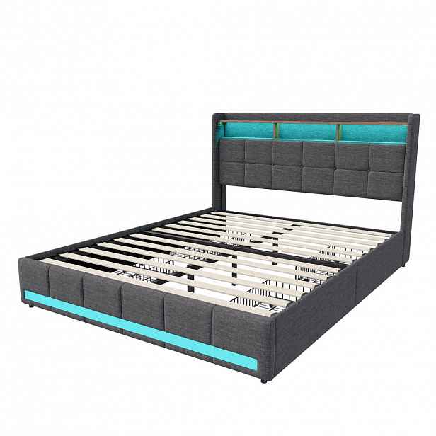 SHOPENTRA ČALOUNĚNÁ postel 180x200 cm šedá látka LED USB 4 zásuvky