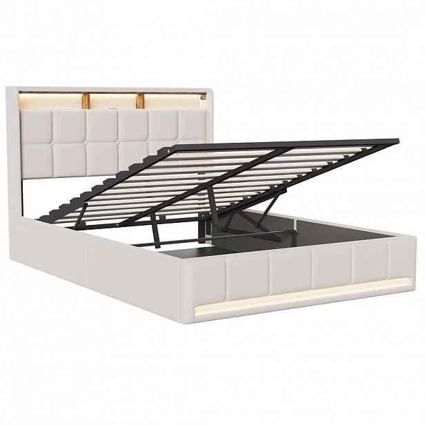 SHOPENTRA ČALOUNĚNÁ postel 140x190cm béžová lněná pneumatická LED USB