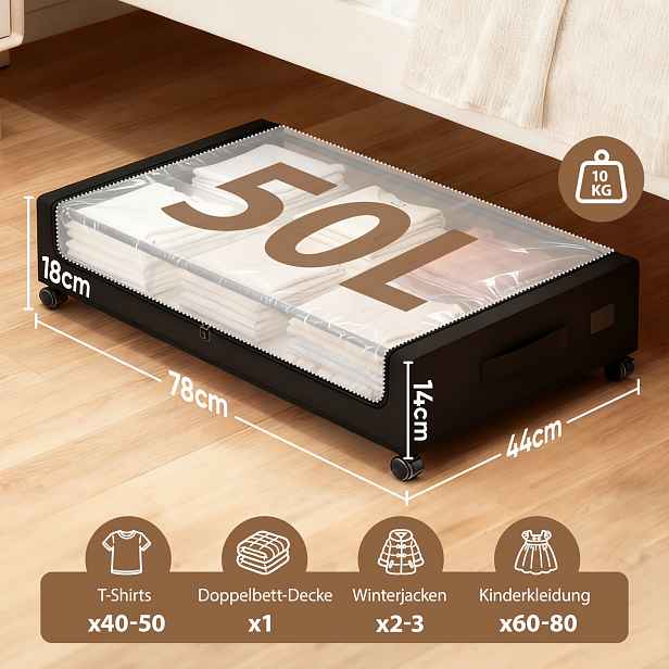 TEMU Sekey 50L Úložný box pod postel s kolečky | Organizér do šatníku, kovový rám, průhledné víko, rolovací box pod postel na oblečení a lůžkoviny,