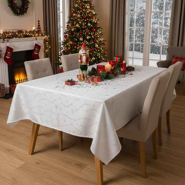 Vánoční ubrus na stůl SHINY FLAKES 130x180 cm bílá s leskem