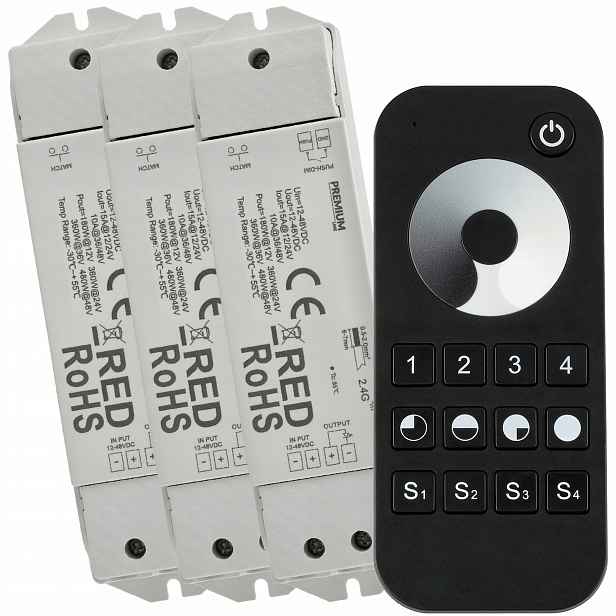 3x Led zónový ovladač Dálkový Ovladač Mono 15A 12V 24V dotykový stmívač sada