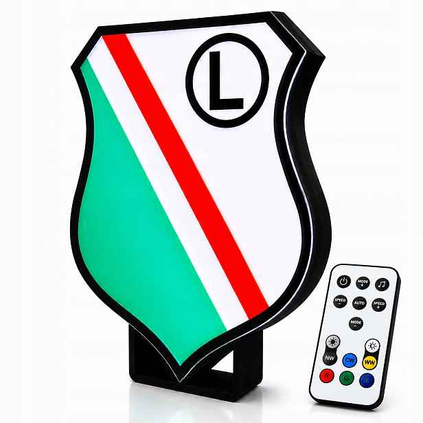 Podsvícený erb Legie Varšava 21 cm 3D Led Rgbw Usb Pilot Legia Kibica