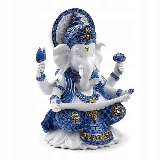 Soška Bílo-modrá Ganesh čtoucí svitek 21,5 cm