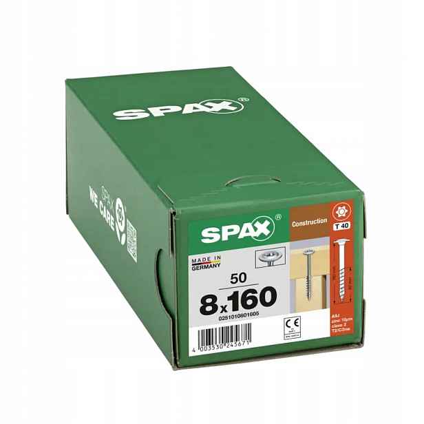 Tesařské vruty Spax na dřevo 8x160 mm, talířová hlava, Wirox 50 Ks.