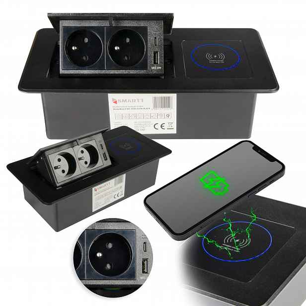 Zásuvka Na Desku Schovaná Do Černé Desky 2X Usb 2X 230V Indukční Nabíječka
