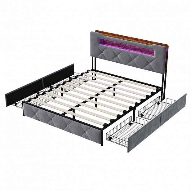 SHOPENTRA ČALOUNĚNÁ postel 140×200cm šedá, sametová, USB, 4 zásuvky, úložný prostor