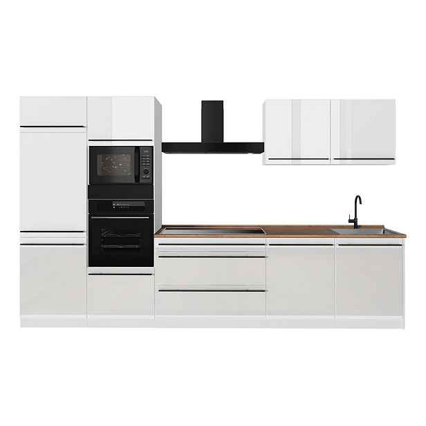 Vicco KUCHYŇSKÝ KOUT R-Line, Bílá vysoký lesk/Bílá, 340 cm pracovná doska Dub Goldkraft