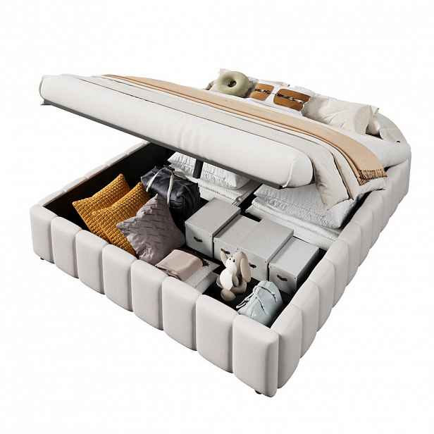 OKWISH ČALOUNĚNÁ postel 140/200 cm béžová z lnu s hydraulickým úložným prostorem