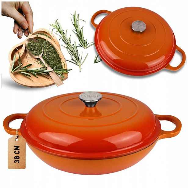 Hrnec nízký litinový smaltovaný 30 cm oranžový