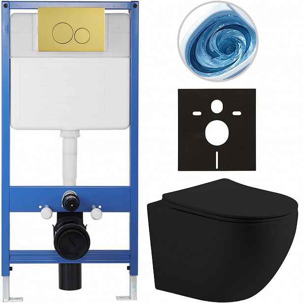 Kompletní WC set Profi/Cesso - černá matná - WC tlačítko Duo. zlatá - předstěnová instalace - 49x36 cm