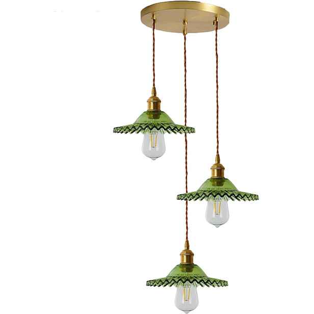 Závěsná lampa trojitá 3x E27 skleněné stínítko zelená mosaz LFsem