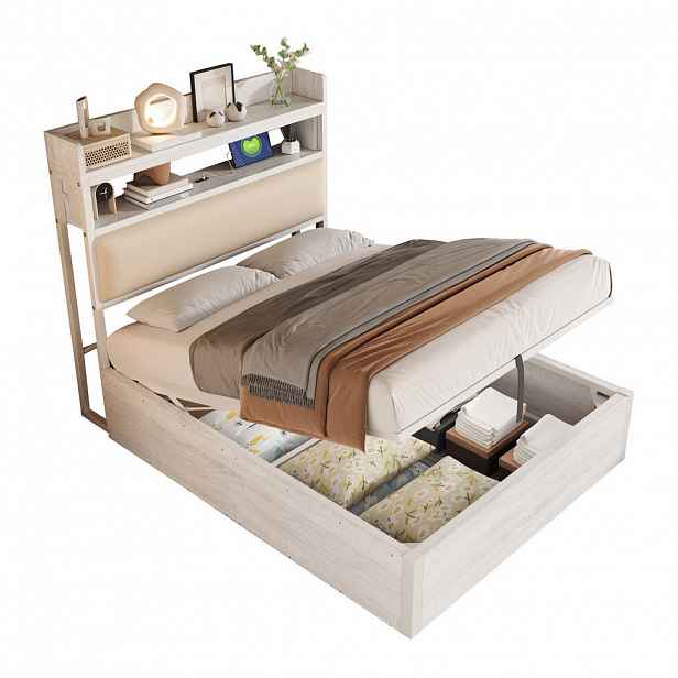 OKWISH POSTEL 90/200 cm bílá z kovu, MDF a látky s USB a hydraulickým úložným prostorem