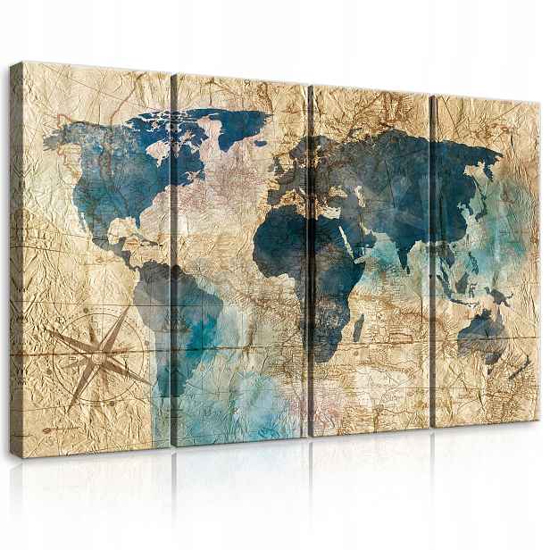 Obraz 120x80 Mapa světa vintage akvarel cestování kompas modro-hnědý