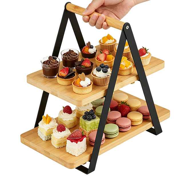 Podnos Bambusová 2patrová na dort Ovoce Snacky Sušenky Kov Stojan