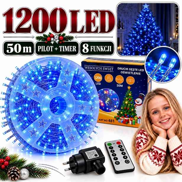 Vánoční Osvětlení Na Stromeček 1200 Led 50 M Modré Na Drátku Pilot Časovač 8 Režimů