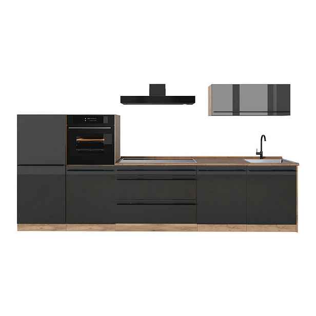 Vicco KUCHYŇSKÝ KOUT R-Line, Antracitový vysoký lesk/Zlatý mocný dub, 340 cm pracovná doska Dub Goldkraft