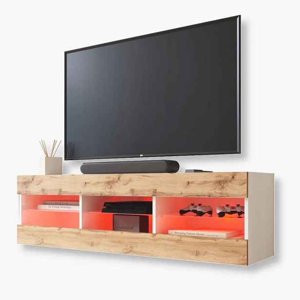 komodee Tivoli Tv stolek 140 Bílá-Dub Wotan Skleněné police Rgb Led