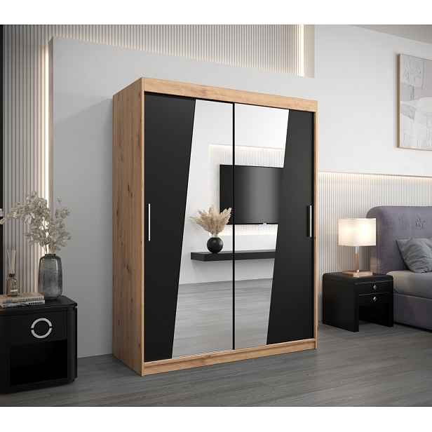 Šatní skříň se zrcadly ELVIRA - šířka 150 cm, dub artisan / černá