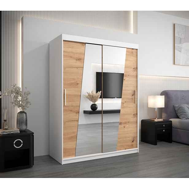 Šatní skříň se zrcadly ELVIRA - šířka 150 cm, bílá / dub artisan