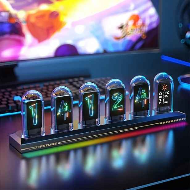 TEMU Mexllex RGB Základní Svítící IPS Trubice Analogové Hodiny Noční Světlo, 16 milionů , Funkce Aplikace, Synchronizace Místní Teploty, Počasí a