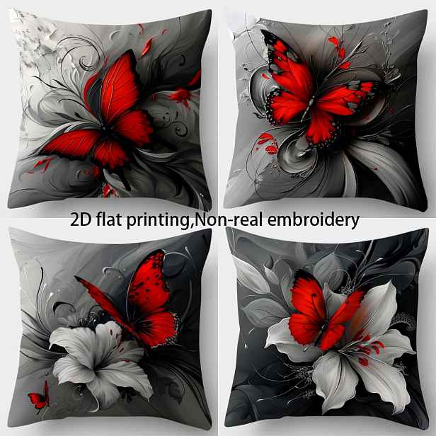 TEMU Sada 4 ks polštářových povlaků s 2D plochým potiskem, nepravá výšivka, módní a krásný červený motýl a květina, 17,7 palců * 17,7 palců,