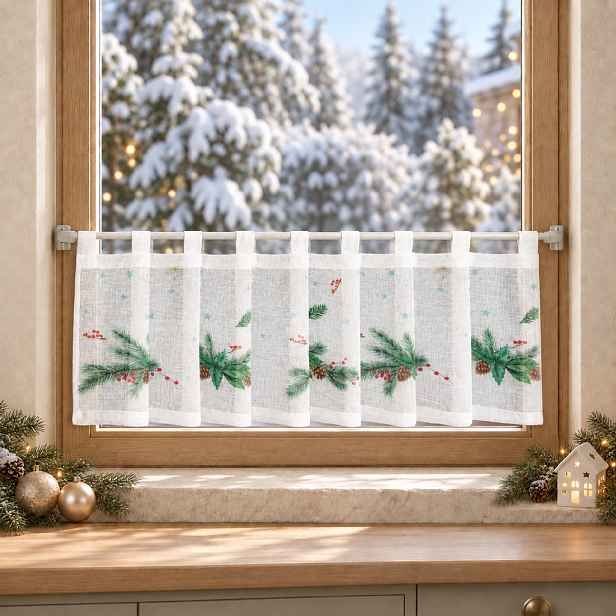 Vánoční hotová vitrážová záclona PINE CONES 150×30 cm