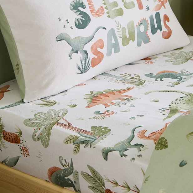 Krémové napínací flanelové dětské prostěradlo na jednolůžko 90x190 cm Brushed Sleepy Saurus Dino – Catherine Lansfield