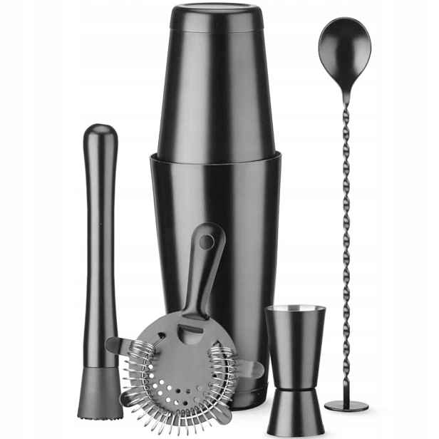 Barmanský set v tubě shaker jigger sítko muddler lžíce černá