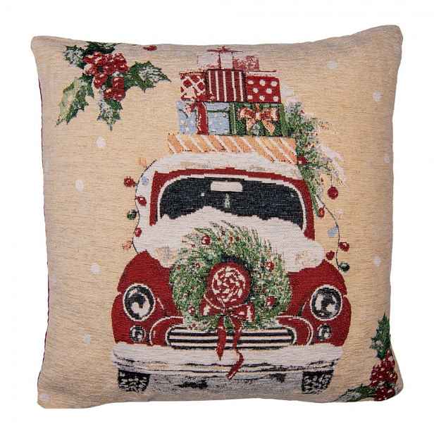 Béžovo-červený povlak na polštář s autíčkem Christmas Rustic - 44*44 cm Clayre & Eef