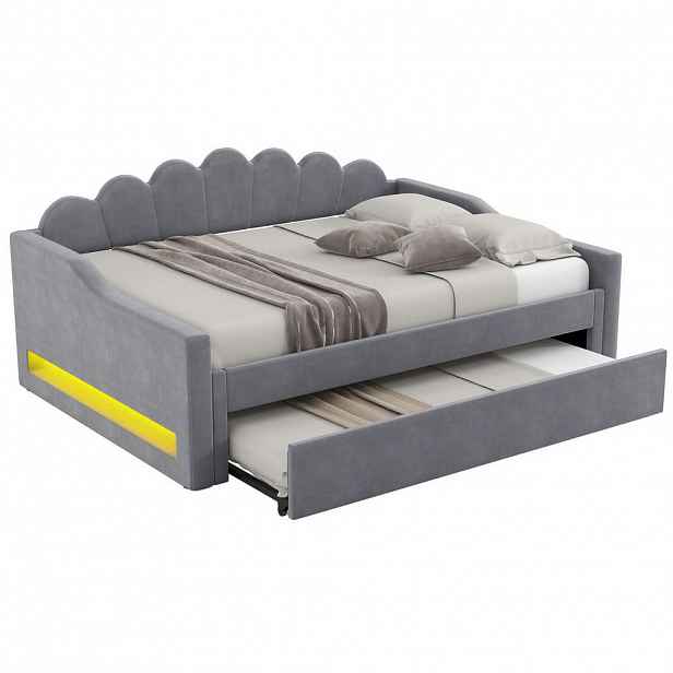 Modenvie ČALOUNĚNÁ postel 140/200 cm z MDF a překližky v šedé barvě, s výsuvným lůžkem a LED osvětlením