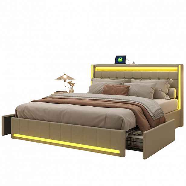 SHOPENTRA ČALOUNĚNÁ postel 140/190 cm béžová se zásuvkami, LED a USB