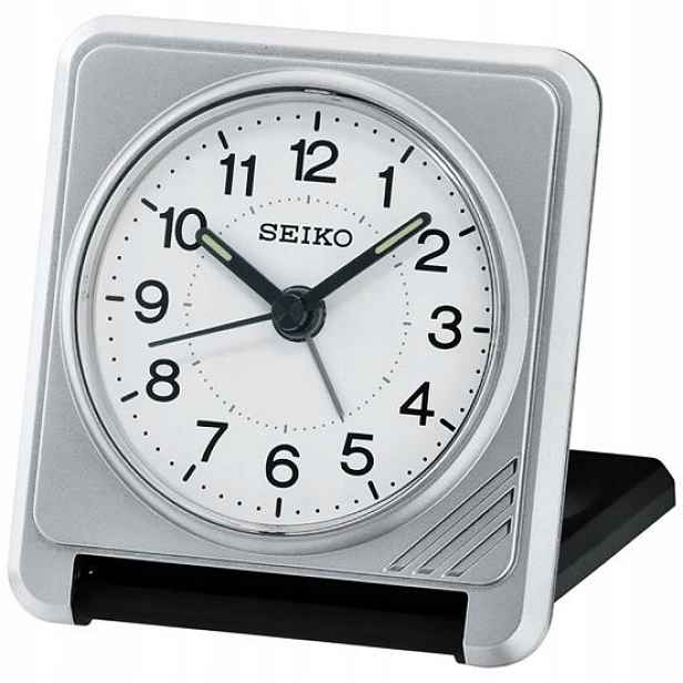 Malý Čtvercový Skládací Stříbrný Cestovní Budík Seiko QHT015S Alarm 7 cm