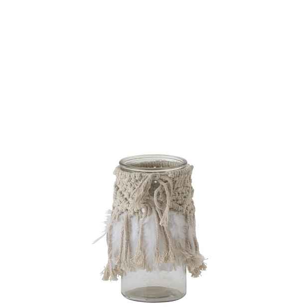 Skleněný svícen Macrame na čajovou svíčku s béžovými provázky a peříčky- Ø 10*20 cm J-Line by Jolipa