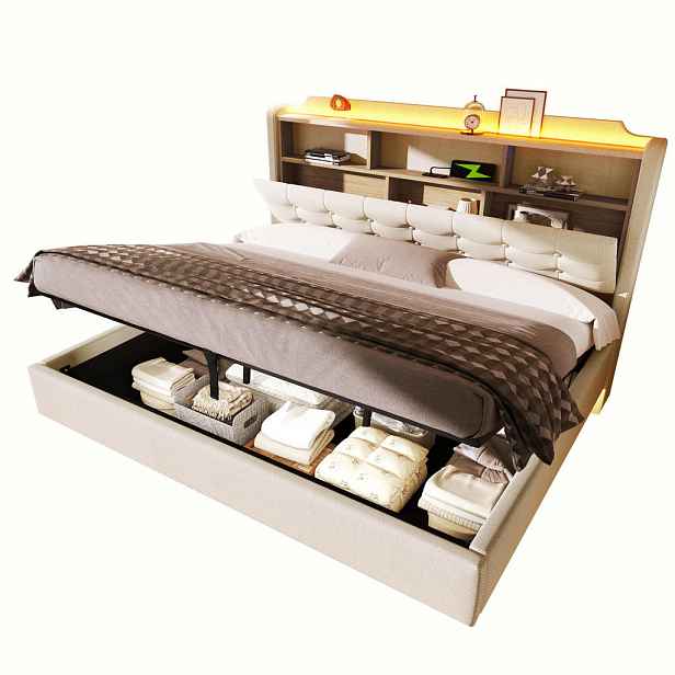STILVORA ČALOUNĚNÁ POSTEL 180 × 200 cm, béžová, lněná, MDF, úložný prostor, LED, USB a Type-C