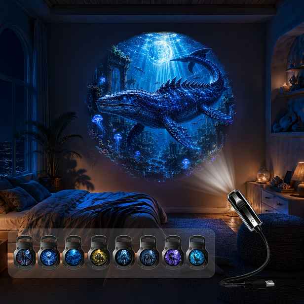 TEMU Projekční světlo s dinosaurů, s pterodaktyly, mosasaury, triceratopsem atd., otočné o 360°, noční světlo s měsíční fantasy scény s dinosaury,
