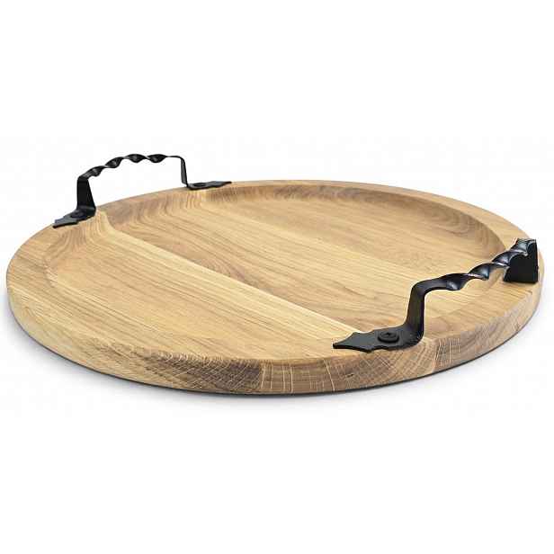 Dřevěná servírovací dubová číšnická miska s kovovými úchyty, 35 cm.