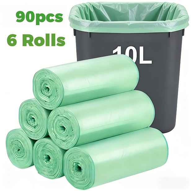 TEMU 6 rolí/90 kusů sáčků na odpadky pro domácnost, 15-19 l, bez vůně, o 30 % silnější, odolné, nepropustné (zelené, 10 litrů) / Sáčky na odpadky,