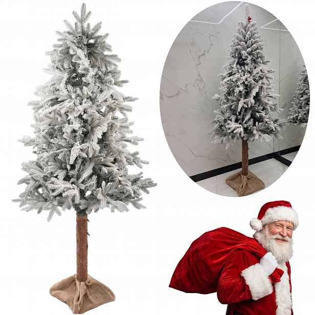 Bílý hustý vánoční stromek s umělým Pe námrazou, 220 cm, zasněžený na kmeni