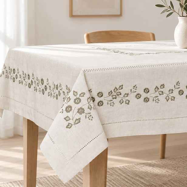 Vyšívaný ubrus 130x180 Bavlna Rám Elegantní lněný vzhled na stůl