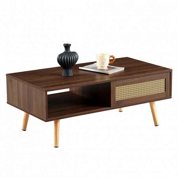 OKWISH KONFERENČNÍ stolek 105/55/40 cm hnědý z MDF s ratanovými posuvnými dvířky