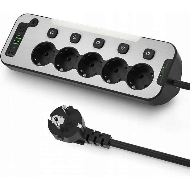 Prodlužovací Kabel Prodlužovací Kabel Zásuvková Lišta 5 Zásuvek Usb x4 2 m