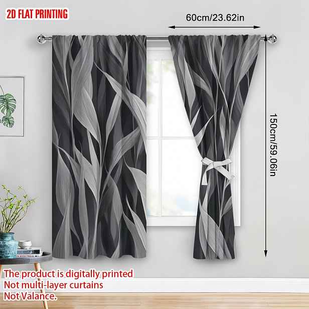 TEMU 2ks Zatemňovací závěsy s 2D plochým potiskem šedého listového – 100% polyester, pratelné záclony do ložnice, jarní a sváteční dekorace, moderní